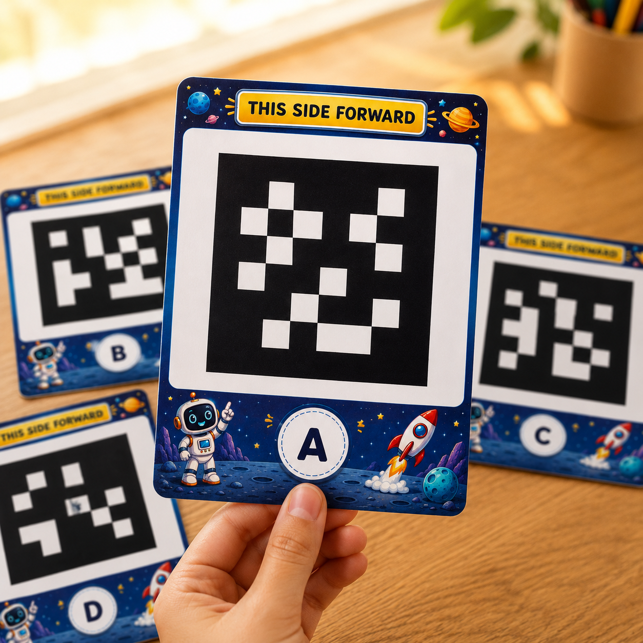 A printed ClassCue answer card — robot-astronaut theme with a black-and-white ArUco marker and a small A option circle — held above a desk, with the B, C and D cards behind