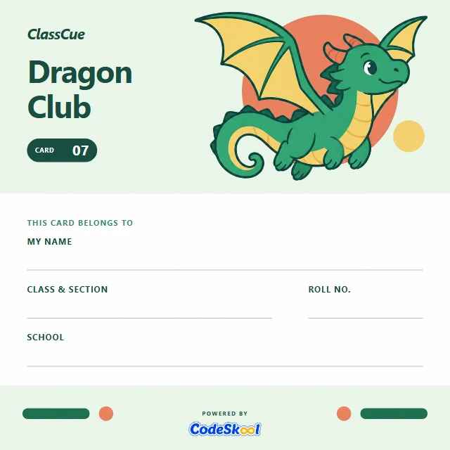 Dragon Club illustrated card back with spaces for the student’s details
