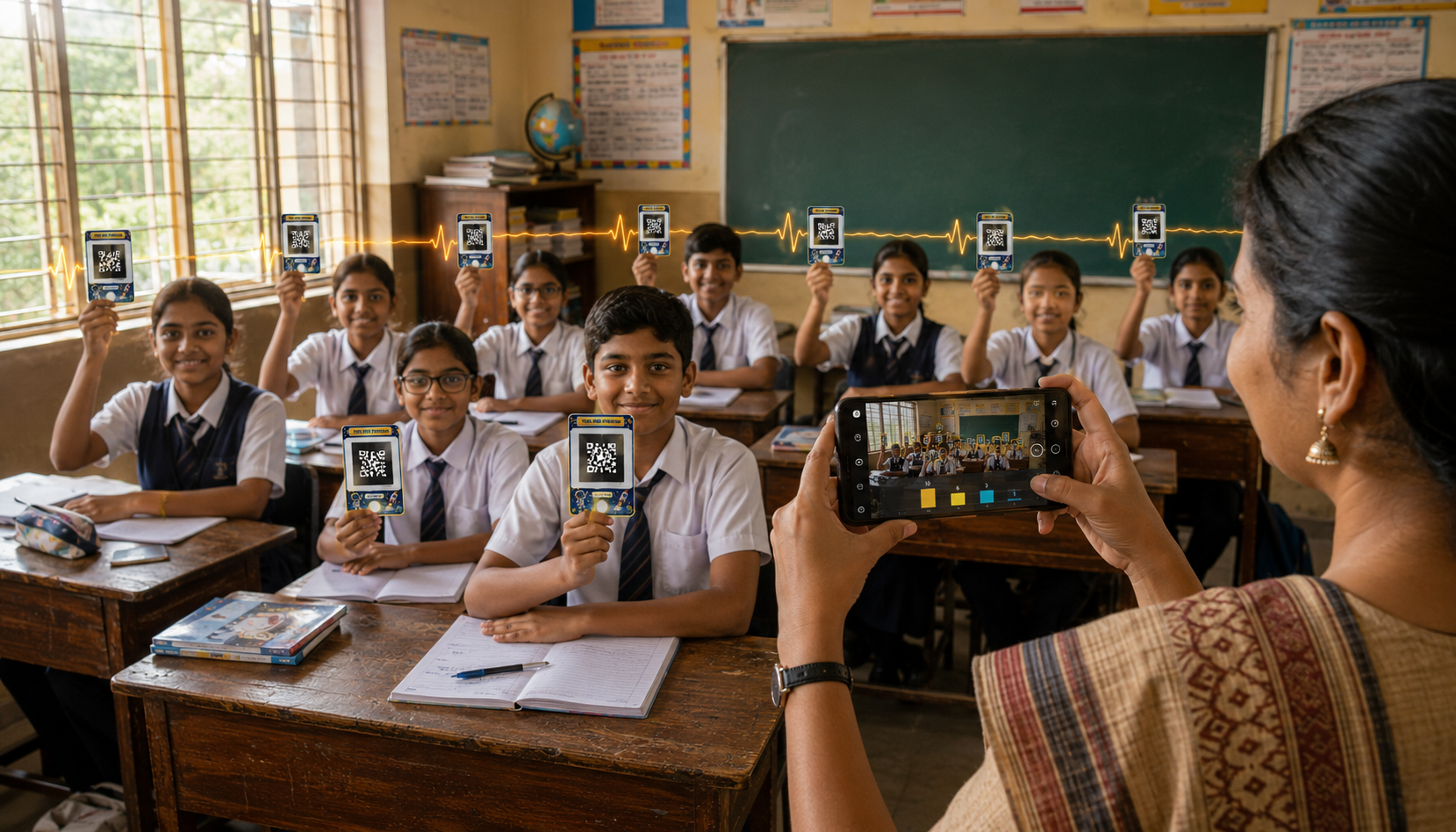 An Indian teacher sweeps her phone across a classroom where every student holds up a printed ArUco answer card